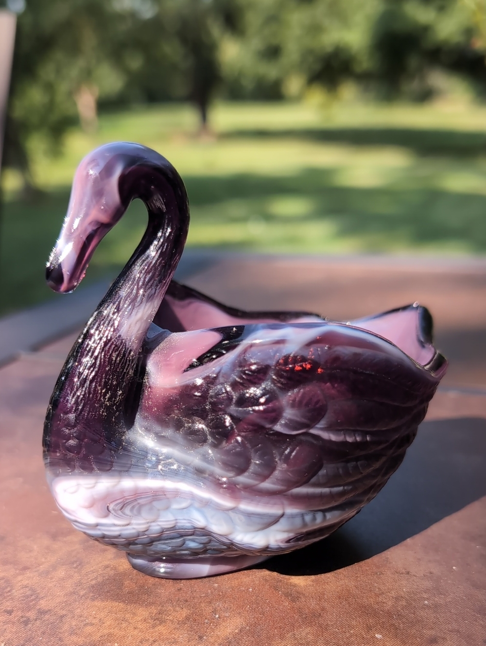 Vintage Imperial Glass Purple (or amethyst) Slag Glass Swan Trinket Dish.
